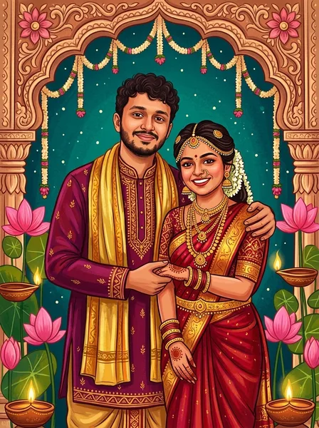 The couple under a carved temple arch surrounded by lotuses and diyas