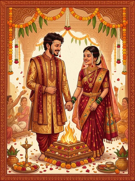 The couple holding hands beside the sacred fire under a marigold mandap